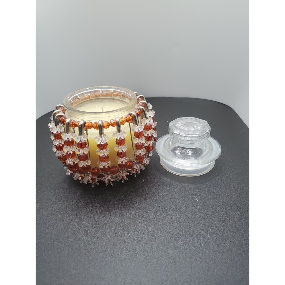 Vintage Mid Century Safety Pin and Beads Candle Holder Orange White Tramp Art